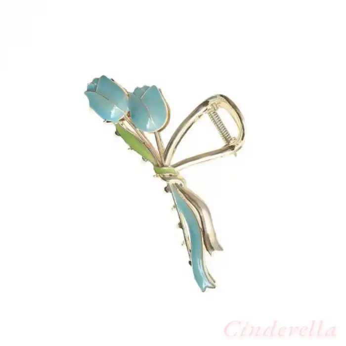 Zarif Şık Mavi Lale Çiçekli Model Kadın Metal Mandal Toka 11cm Gold - Mandallı Saç Topuz Tokası