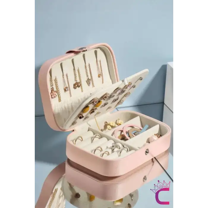 Zarif Takı Mücevher Saklama Kutusu 16x12cm Deri Pembe - Bölmeli Küpe Yüzük Kolye Kutusu Organizer