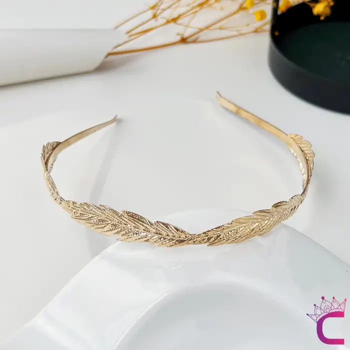 Zarif Yaprak Tasarım Gelin Tacı Gold Renk - Düğün Nişan Nikah Söz Doğum Günü Kadın Taç Saç Bandı