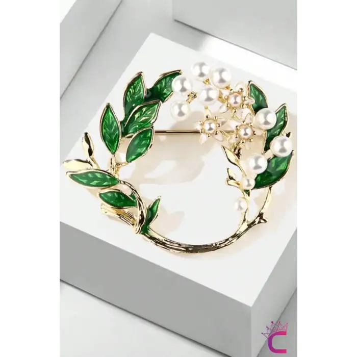 Zarif Yeşil Yapraklı İncili Çiçekli Kadın Çelenk Broş - Hediyelik Elbise Ceket Yaka İğnesi Rozeti