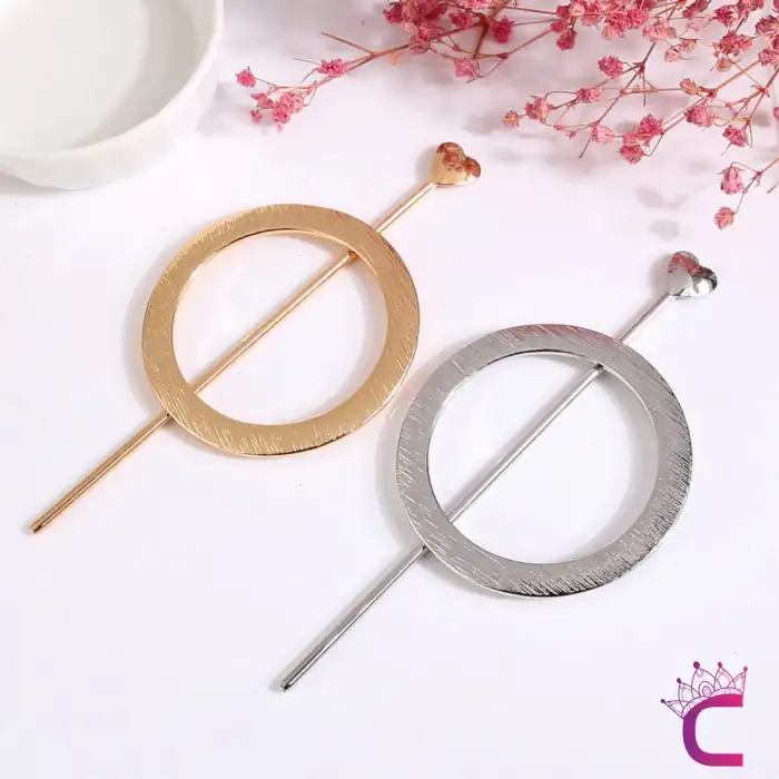 Zarif Yuvarlak Kalpli Çubuk Tasarım Kadın Gold Metal Topuz Tokası - Topuz Toka Çubuk Toka Saç Çubuğu