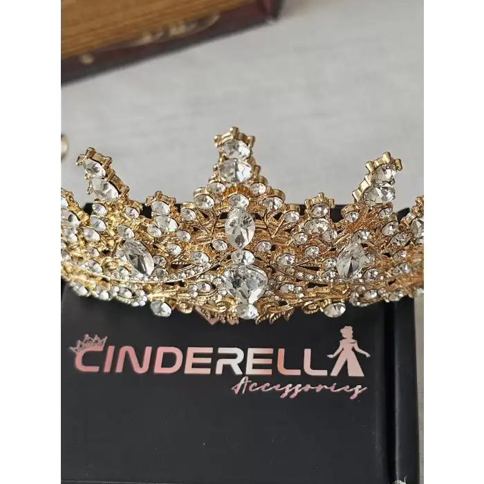 Zirkon Taş İşlemeli Kraliçe Prenses Gelin Tacı Gold - Kristal Taşlı Düğün Nişan Nikah Söz Aksesuar