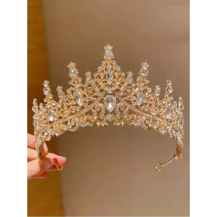 Zirkon Taş İşlemeli Kraliçe Prenses Gelin Tacı Gold - Kristal Taşlı Düğün Nişan Nikah Söz Aksesuar