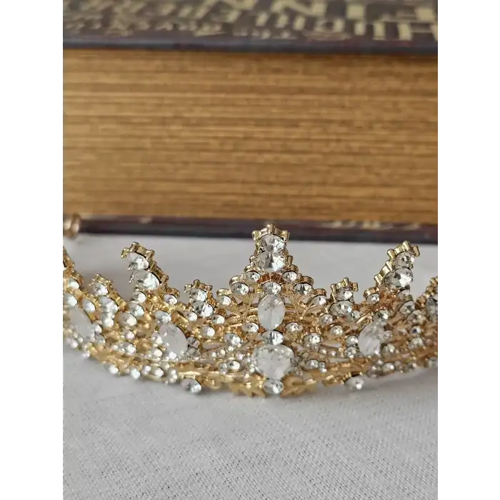 Zirkon Taş İşlemeli Kraliçe Prenses Gelin Tacı Gold - Kristal Taşlı Düğün Nişan Nikah Söz Aksesuar