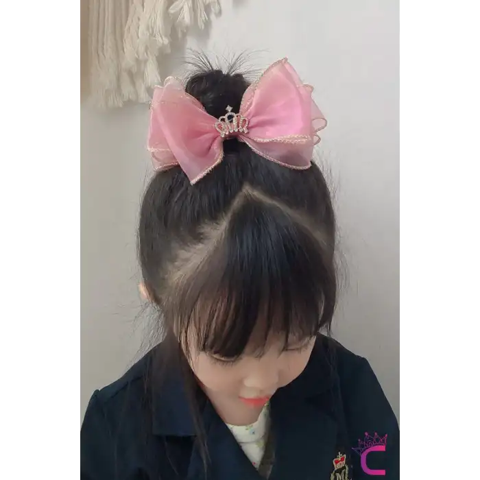 Zirkon Taşlı Gold Detaylı Kız Çocuk Pembe Prenses Tacı Pens Toka - Parti Doğum Günü Saç Tokası