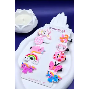 10lu Bulut Gökkuşağı Unicorn Tavşan Kelebek Kız Çocuk Pens Toka Seti - Sevimli Bebek Saç Tokası