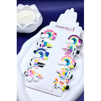 10lu Çiçek Unicorn Gökkuşağı Detaylı Kız Çocuk Pens Toka Seti - Sevimli Bebek Saç Tokası Klips Toka