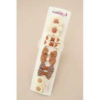 10lu Kahve Krem Tonlu Çiçekli Fiyonk Kız Çocuk Yumuşak Pens Klips Toka Seti - Bebek Saç Tokaları