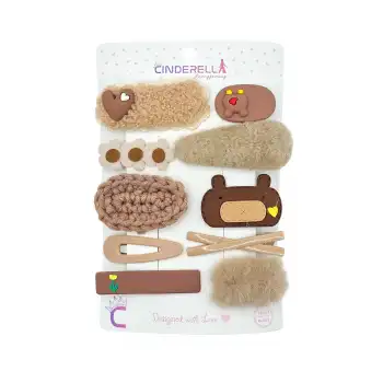 10lu Kalpli Ayıcıklı Çiçekli Kız Çocuk Pens Toka Seti Kahve Tonlu - Örgü Çıtçıtlı Klips Saç Tokası