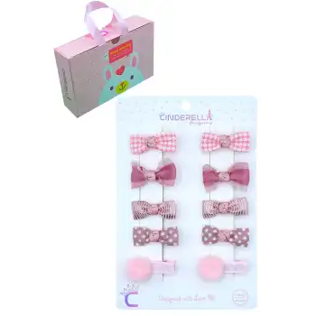 10lu Çanta Kutulu Hediyelik Kız Bebek Kurdele Fiyonk Toka Seti Pembe - Çocuk Astarlı Pens Saç Tokası