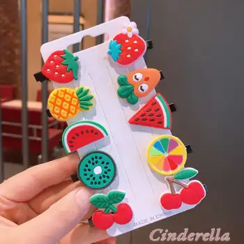 10lu Meyve Figürlü Çilek Kiraz Ananas Havuç Limon Pens Toka Seti - Kız Çocuk Klips Saç Tokası