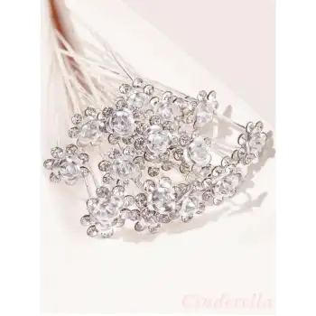 10lu Mini Kristal Taşlı Çiçek Tasarım Firkete Toka Gümüş - Düğün Nikah Saç Aksesuarı Topuz Tokası