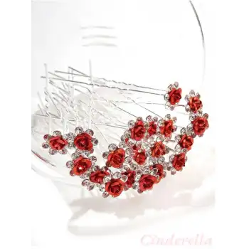 10lu Mini Kristal Taşlı Çiçek Tasarım Firkete Toka Kırmızı - Evlilik Yıl Dönümü Saç Topuz Tokası