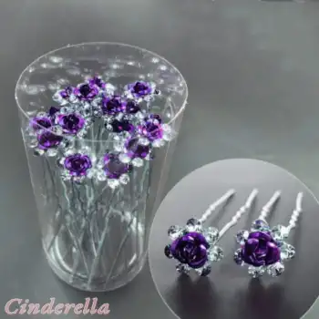 10lu Mini Kristal Taşlı Çiçek Tasarım Firkete Toka Mor - Düğün Nikah Söz Saç Aksesuarı Topuz Tokası