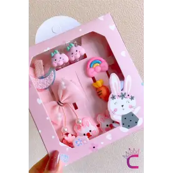 10lu Özel Tasarım Hediyelik Kutulu Kız Bebek Toka Seti - Gökkuşağı Tavşan Kurdele Fiyonk Saç Tokası