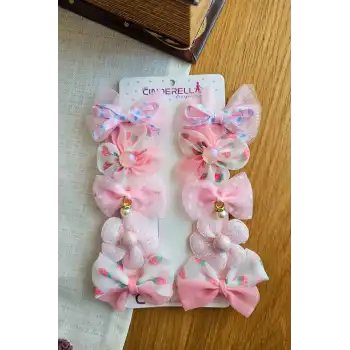 10lu Pembe Kız Bebek Astarlı Pens Toka Seti - İncili Fiyonk Kurdeleli Tüllü Çiçekli Saç Tokası