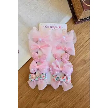 10lu Pembe Kız Bebek Pens Toka Seti Kelebekli Fiyonk Kurdele İnci Tüllü Klips Çocuk Saç Tokası