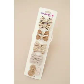 10lu Şık Bej Tonlu Fiyonklu Kurdeleli Kız Bebek Yumuşak Pens Toka Seti - Çocuk Klipsli Saç Tokası