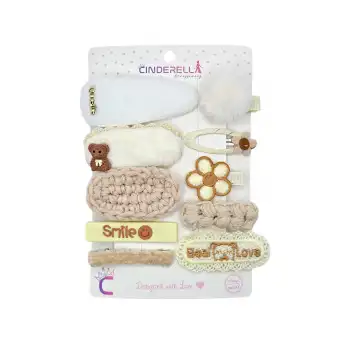 10lu Smile Love Kız Çocuk Pens Toka Seti Bej Beyaz - Çiçekli Ayıcıklı Peluş Örgü Çıtçıt Saç Tokası
