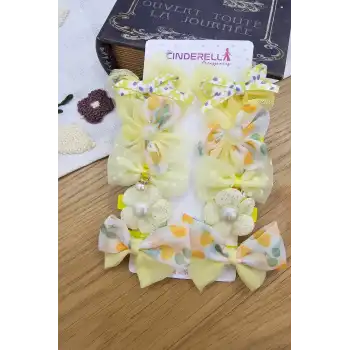 10lu Yumuşak Astarlı Kız Bebek Toka Seti Sarı - Çocuk İncili Taşlı Kelebek Fiyonklu Pens Saç Tokası