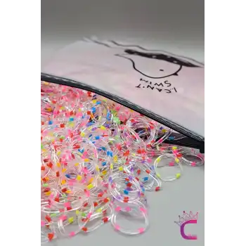 1000li Çantalı Dayanıklı Perma Lastik Toka Seti - Şeffaf Floresan Renkli Saç Lastiği Örgü Tokası