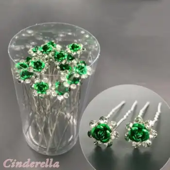 10lu Mini Kristal Taşlı Çiçek Tasarım Firkete Toka Yeşil - Doğum Günü Parti Balo Saç Süsü Süsleme