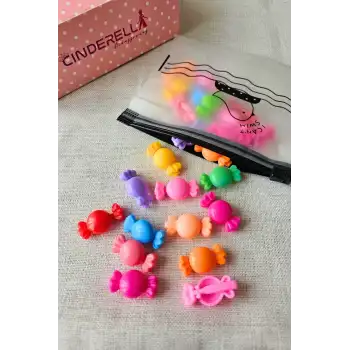 12li Bayram Şekeri Tasarım Kız Çocuk Renkli Saç Süsü Toka Seti - Örgü Saç Boncuğu Kıstırmalı Toka