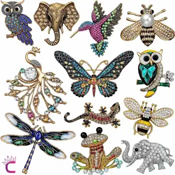 12li Zirkon Taşlı Tasarım Broş Seti - Arı Baykuş Tavus Kuşu Kurbağa Kelebek Fil Yusufçuk Kertenkele