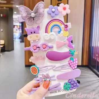 14lü Lila Tonlu Çocuk Pens Klipsli Çıtçıt Toka Seti - Kız Çocuk Saç Tokası Model-1