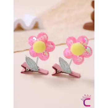 2li 3D Boyutlu Pembe Sarı Ponponlu Pullu Çiçekli Yeşil Yapraklı Sallanan Pens Toka Seti Saç Tokası