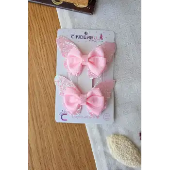 2li Bebek Pembe Simli İncili Taşlı Fiyonk Kelebek Toka Seti 8cm - Çocuk Kelebekli Pens Saç Tokası
