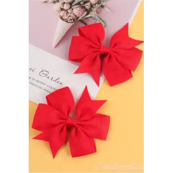 2li Çocuk Saten Fiyonk Toka Seti Kırmızı - 23 Nisan Kurdele Fiyonklu Klips Pens Saç Tokası