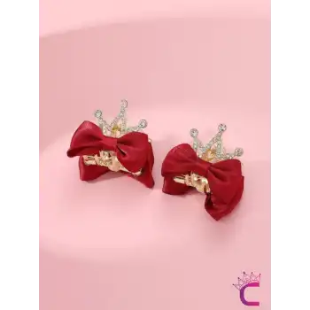 2li Fiyonk Kurdele Kraliçe Taçlı Kristal Taşlı Saç Tokası Kırmızı - Çocuk Doğum Günü Prenses Tacı