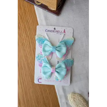 2li Gökkuşağı Renkli Simli İncili Kız Çocuk Fiyonklu Kurdeleli Mavi Kelebekli Pens Toka Seti 8cm