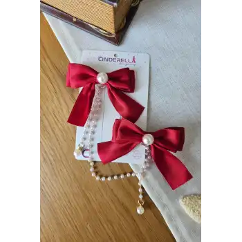 2li İncili Sallantılı Kırmızı Fiyonk Pens Toka Seti - Zarif Kız Çocuk Kurdeleli Fiyonklu Saç Tokası