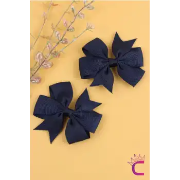 2li Kız Çocuk Grogren Saten Fiyonk Toka Seti Lacivert - Fiyonklu Kurdele Klips Pens Saç Tokası