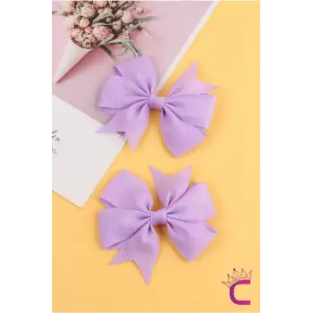 2li Kız Çocuk Grogren Saten Fiyonk Toka Seti Lila Renk - Fiyonklu Kurdele Klips Pens Saç Tokası