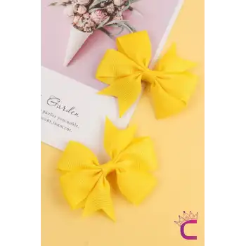 2li Kız Çocuk Grogren Saten Fiyonk Toka Seti Sarı - Fiyonklu Kurdele Klips Pens Saç Tokası