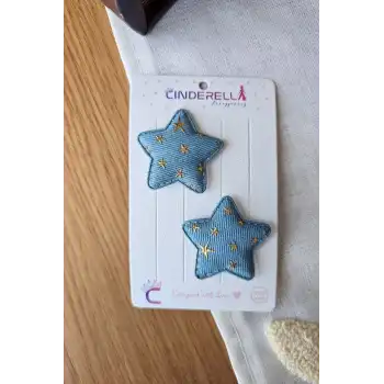 2li Mavi Gold Kumaş Yıldızlı Saçsız Bebek Tokası - Az Saçlı Kız Bebek Çıtçıtlı Yenidoğan Toka Seti