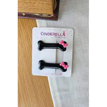 2li Pembe Kurdele Fiyonklu Siyah Kemik Tasarım Pens Toka - Sevimli Kedi Köpek Tokası Saç Aksesuarı