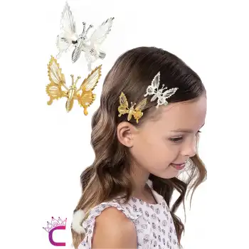 2li Retro Sallanan Kelebek Toka Metal Gold Gümüş - Hareketli Kanatlı Çocuk Kelebekli Saç Tokası