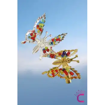 2li Retro Sallanan Metal Kelebek Toka Boncuklu Gold Gümüş - Hareketli Kanatlı Kelebekli Saç Tokası