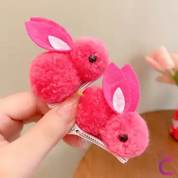 2li Tavşanlı Bebek Saç Tokası Sıcak Pembe - Astarlı Yumuşak Bebek Saç Aksesuarı Çocuk Toka Seti