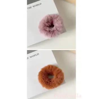 2li Yumuşak Tüylü Renkli Peluş Simit Toka - Peluş Scrunchie Lastikli Saç Tokası Renk-4