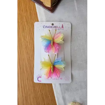 2li Zarif Gökkuşağı Renkli Tül Kelebek Toka Seti 5cm - Kız Çocuk Bebek Kelebekli Pens Saç Tokası