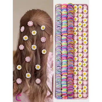 213lü Hediyelik Kutulu Kız Çocuk Bebek Toka Seti Doğum Günü Hediyesi Çiçekli Lastik Pens Saç Tokası