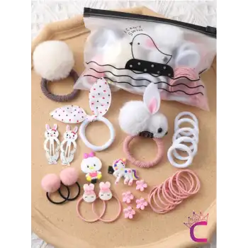 29lu Hediyelik Kız Çocuk Toka Seti Beyaz Pembe Ton - Unicorn Tavşan Ponpon Bebek Lastik Saç Tokası