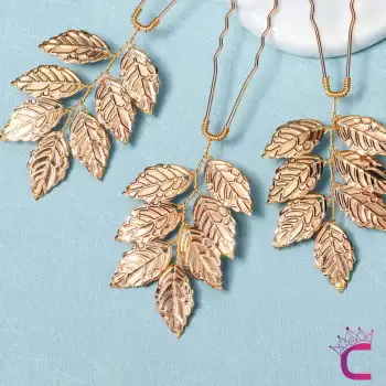 3lü Gold Yaprak Gelin Tacı Firkete Seti - Düğün Nişan Nedime Nikah Söz Aksesuar Topuz Saç Tokası