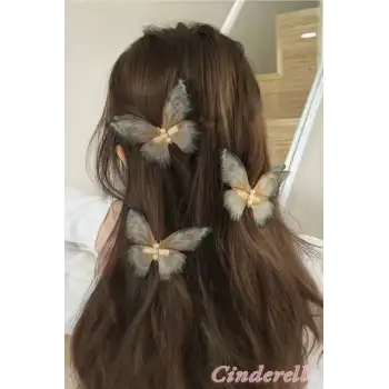 3lü Kuru Yaprak Renkli İnci Taşlı Hareketli Tül Kelebek Toka Seti 10 cm - Büyük Boy Kelebekli Toka