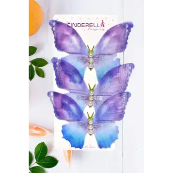 3lü Mor Degrade İncili Taşlı Tül Hareketli Kelebek Toka Seti 10cm - Büyük Boy Kelebekli Saç Tokası